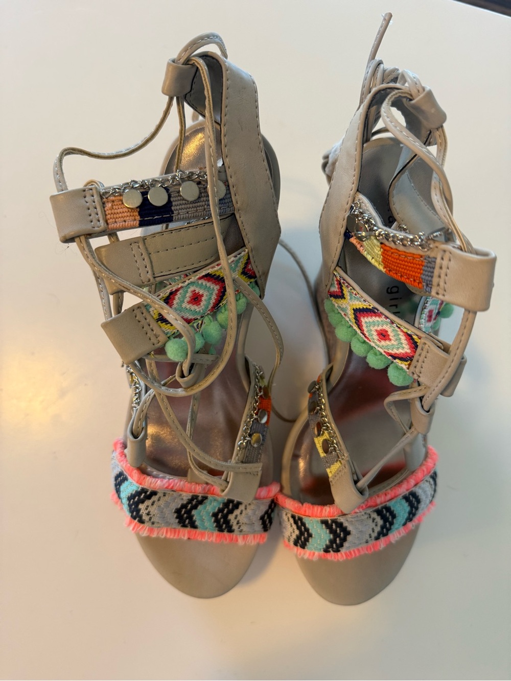 Madden Girl Beige Embroidered Lace-Up Gladiator Heels